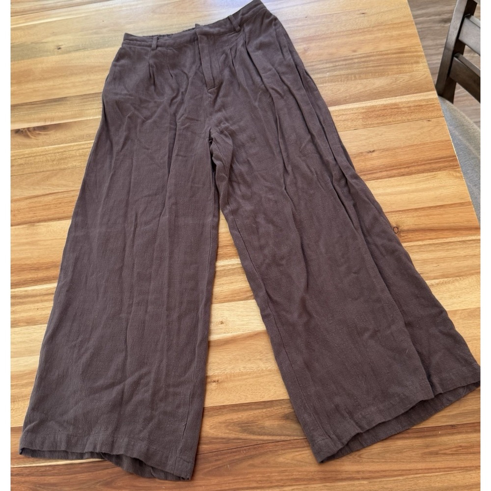 Sadie & Sage Brown Linen Blend Wide Leg Pleated Trousers Pants Small